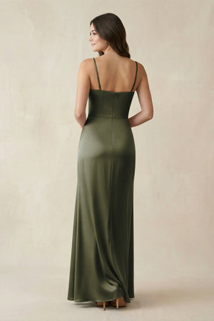 Spaghetti Strap Ruched Sheath Satin Bridesmaid Dress in Olive - KISS BRIDAL Bridesmaid Dresses
