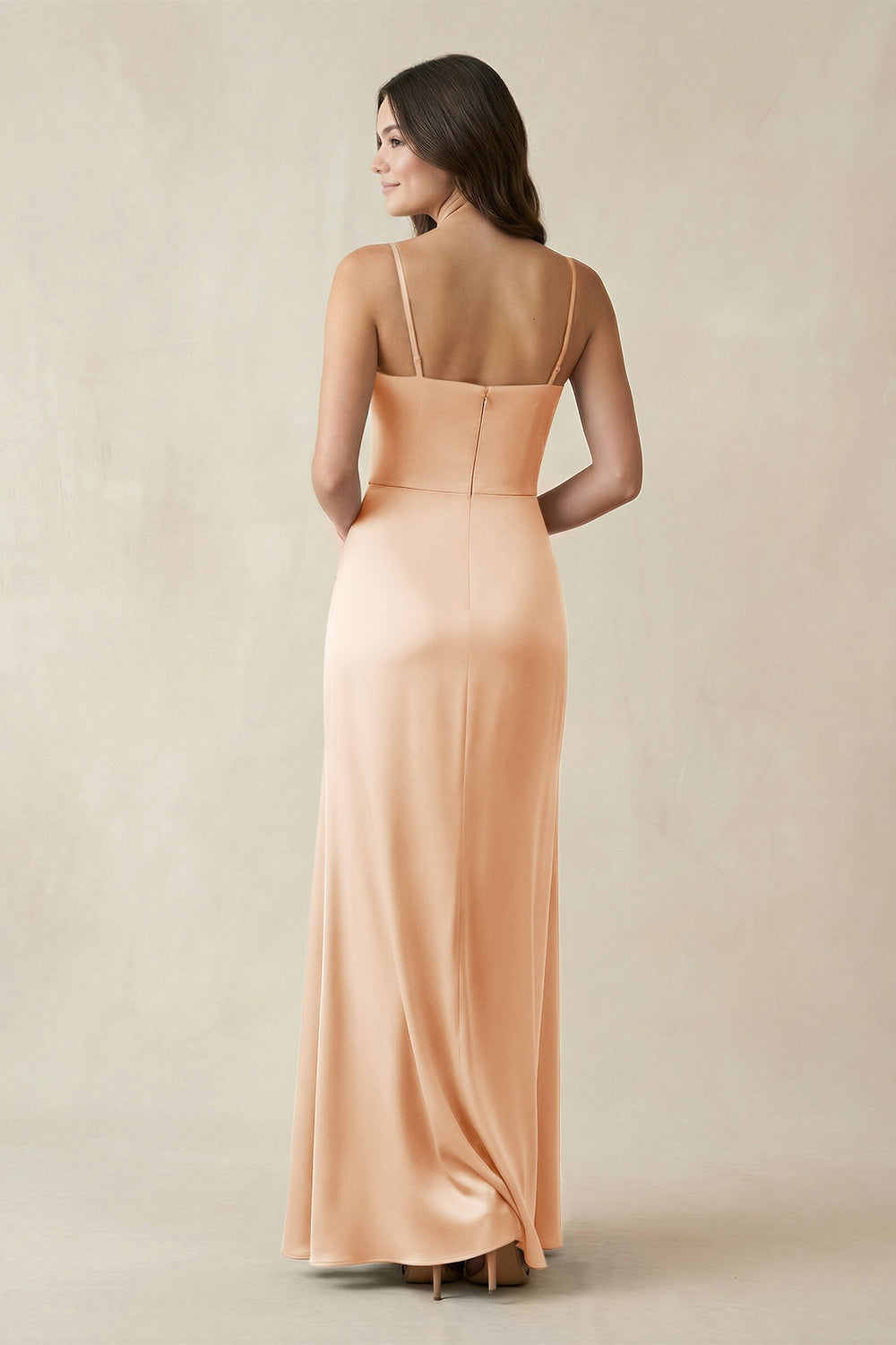 Spaghetti Strap Ruched Sheath Satin Bridesmaid Dress in Pale Blush - KISS BRIDAL Bridesmaid Dresses
