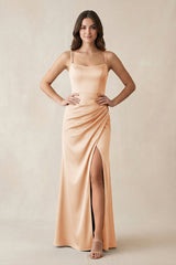 Spaghetti Strap Ruched Sheath Satin Bridesmaid Dress in Pale Blush - KISS BRIDAL Bridesmaid Dresses