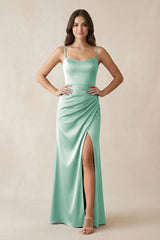 Spaghetti Strap Ruched Sheath Satin Bridesmaid Dress in Pale Pistachio - KISS BRIDAL Bridesmaid Dresses