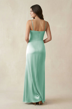 Spaghetti Strap Ruched Sheath Satin Bridesmaid Dress in Pale Pistachio - KISS BRIDAL Bridesmaid Dresses