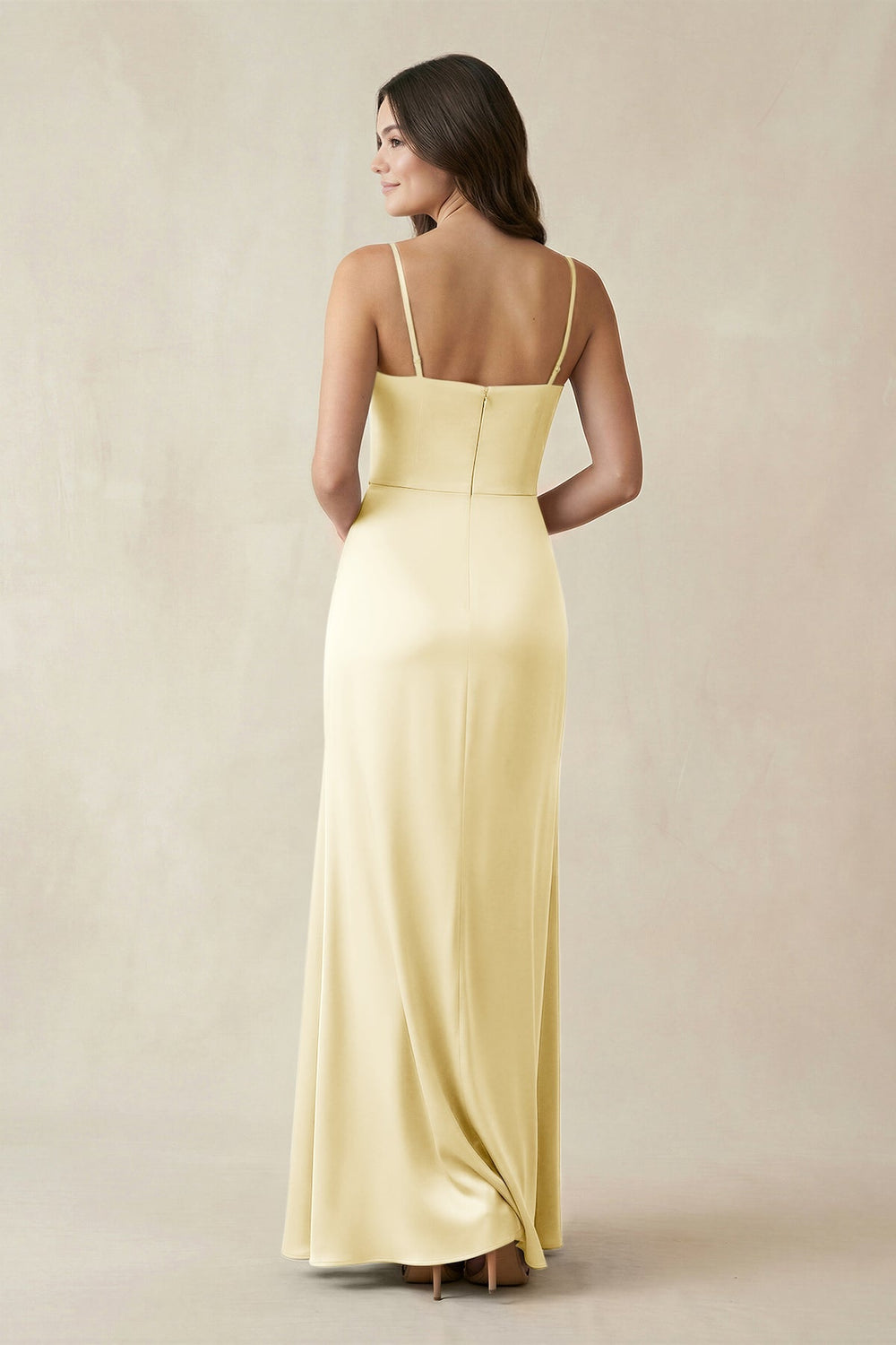 Spaghetti Strap Ruched Sheath Satin Bridesmaid Dress in Pastel Yellow - KISS BRIDAL Bridesmaid Dresses