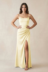 Spaghetti Strap Ruched Sheath Satin Bridesmaid Dress in Pastel Yellow - KISS BRIDAL Bridesmaid Dresses