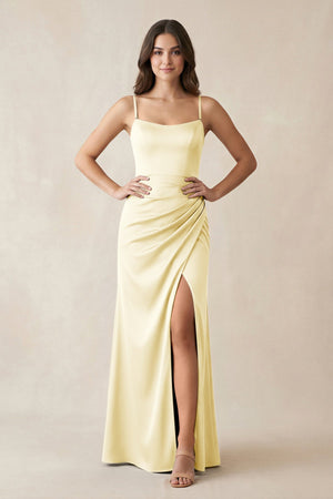 Spaghetti Strap Ruched Sheath Satin Bridesmaid Dress in Pastel Yellow - KISS BRIDAL Bridesmaid Dresses