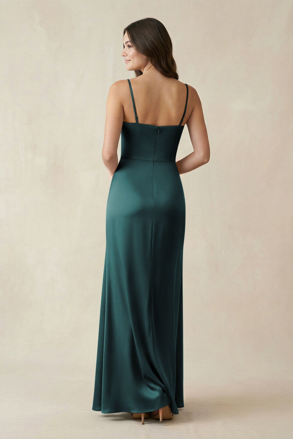 Spaghetti Strap Ruched Sheath Satin Bridesmaid Dress in Pine - KISS BRIDAL Bridesmaid Dresses