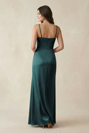 Spaghetti Strap Ruched Sheath Satin Bridesmaid Dress in Pine - KISS BRIDAL Bridesmaid Dresses