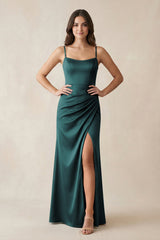Spaghetti Strap Ruched Sheath Satin Bridesmaid Dress in Pine - KISS BRIDAL Bridesmaid Dresses