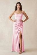 Spaghetti Strap Ruched Sheath Satin Bridesmaid Dress in Pink - KISS BRIDAL Bridesmaid Dresses