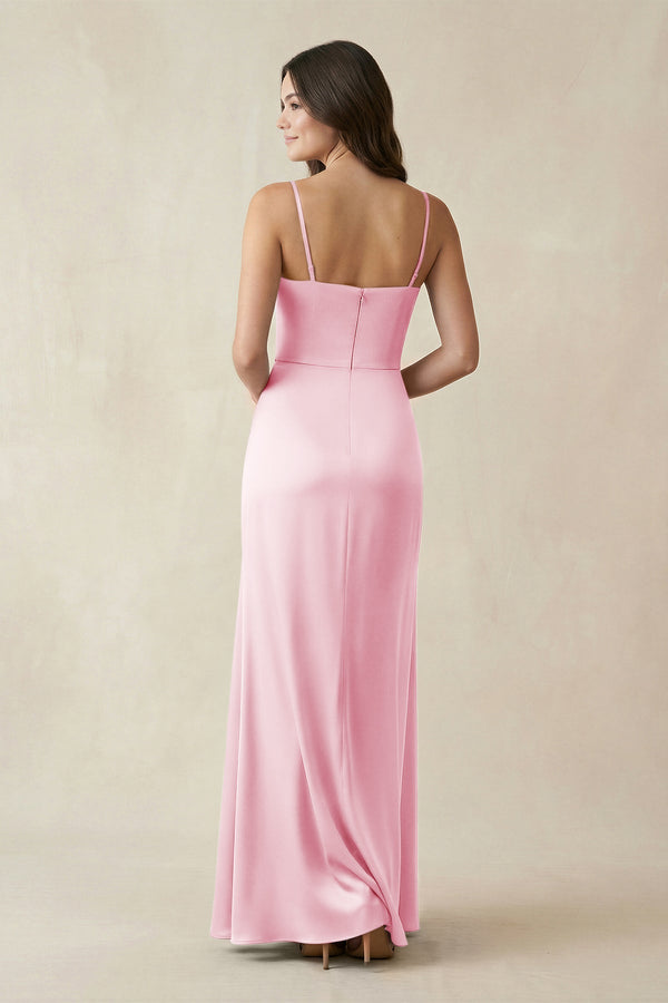 Spaghetti Strap Ruched Sheath Satin Bridesmaid Dress in Pink - KISS BRIDAL Bridesmaid Dresses