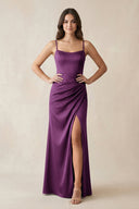 Spaghetti Strap Ruched Sheath Satin Bridesmaid Dress in Plum - KISS BRIDAL Bridesmaid Dresses