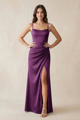 Spaghetti Strap Ruched Sheath Satin Bridesmaid Dress in Plum - KISS BRIDAL Bridesmaid Dresses