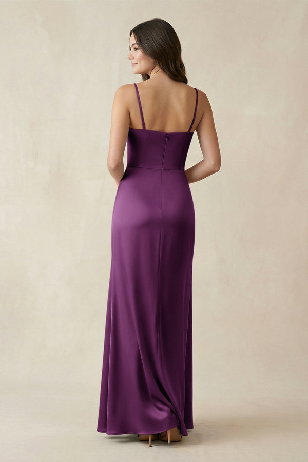 Spaghetti Strap Ruched Sheath Satin Bridesmaid Dress in Plum - KISS BRIDAL Bridesmaid Dresses