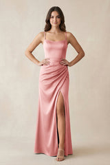 Spaghetti Strap Ruched Sheath Satin Bridesmaid Dress in Rosette - KISS BRIDAL Bridesmaid Dresses