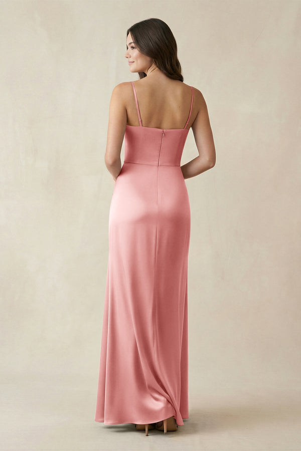 Spaghetti Strap Ruched Sheath Satin Bridesmaid Dress in Rosette - KISS BRIDAL Bridesmaid Dresses
