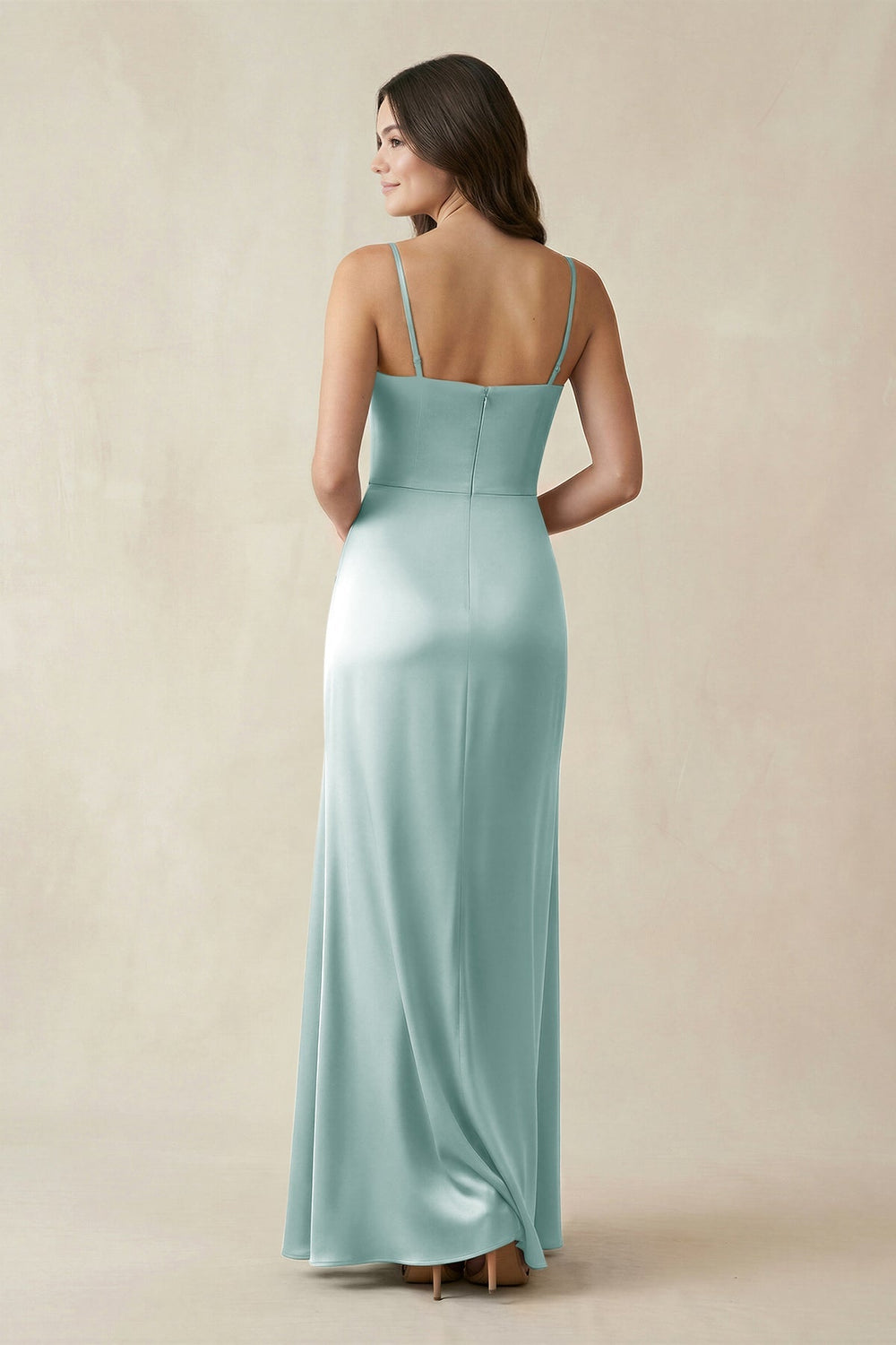 Spaghetti Strap Ruched Sheath Satin Bridesmaid Dress in Sage - KISS BRIDAL Bridesmaid Dresses