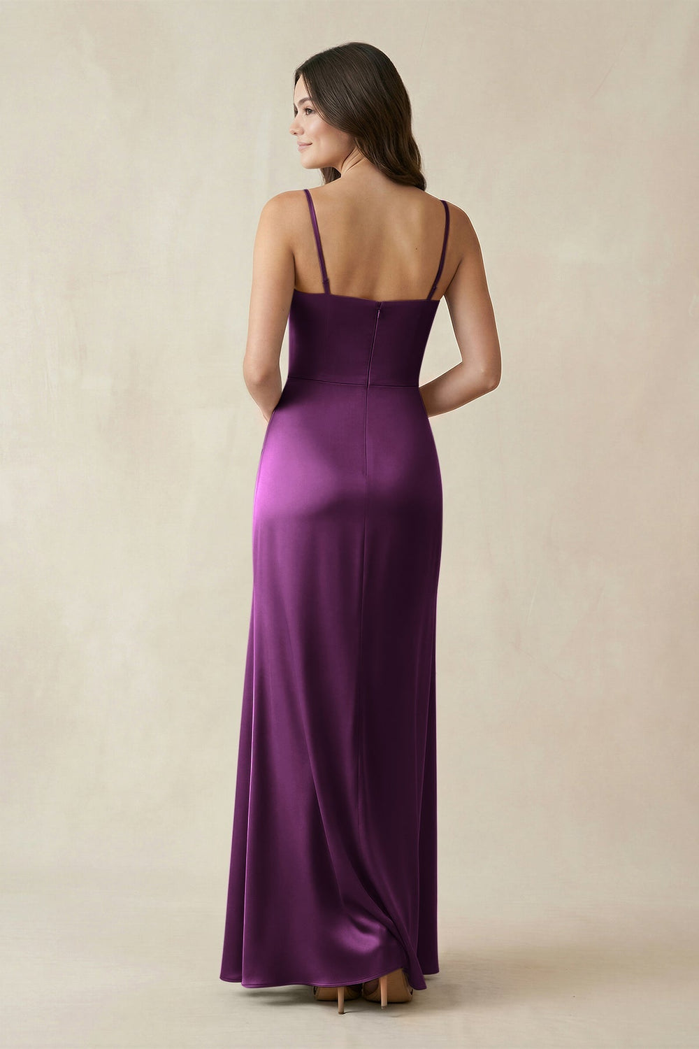 Spaghetti Strap Ruched Sheath Satin Bridesmaid Dress in Sangria - KISS BRIDAL Bridesmaid Dresses