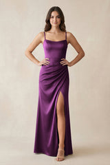 Spaghetti Strap Ruched Sheath Satin Bridesmaid Dress in Sangria - KISS BRIDAL Bridesmaid Dresses