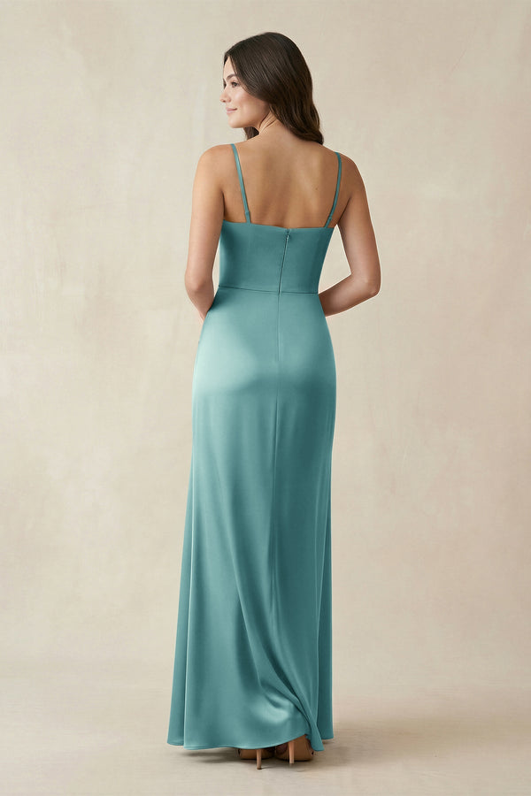 Spaghetti Strap Ruched Sheath Satin Bridesmaid Dress in Sea Glass - KISS BRIDAL Bridesmaid Dresses