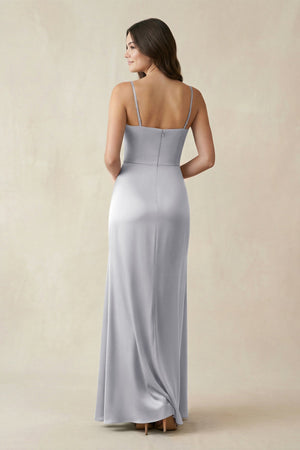 Spaghetti Strap Ruched Sheath Satin Bridesmaid Dress in Silver - KISS BRIDAL Bridesmaid Dresses