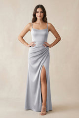 Spaghetti Strap Ruched Sheath Satin Bridesmaid Dress in Silver - KISS BRIDAL Bridesmaid Dresses