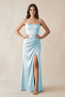 Spaghetti Strap Ruched Sheath Satin Bridesmaid Dress in Sky Blue - KISS BRIDAL Bridesmaid Dresses