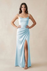 Spaghetti Strap Ruched Sheath Satin Bridesmaid Dress in Sky Blue - KISS BRIDAL Bridesmaid Dresses
