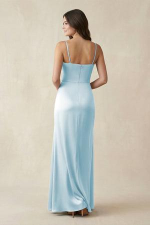Spaghetti Strap Ruched Sheath Satin Bridesmaid Dress in Sky Blue - KISS BRIDAL Bridesmaid Dresses