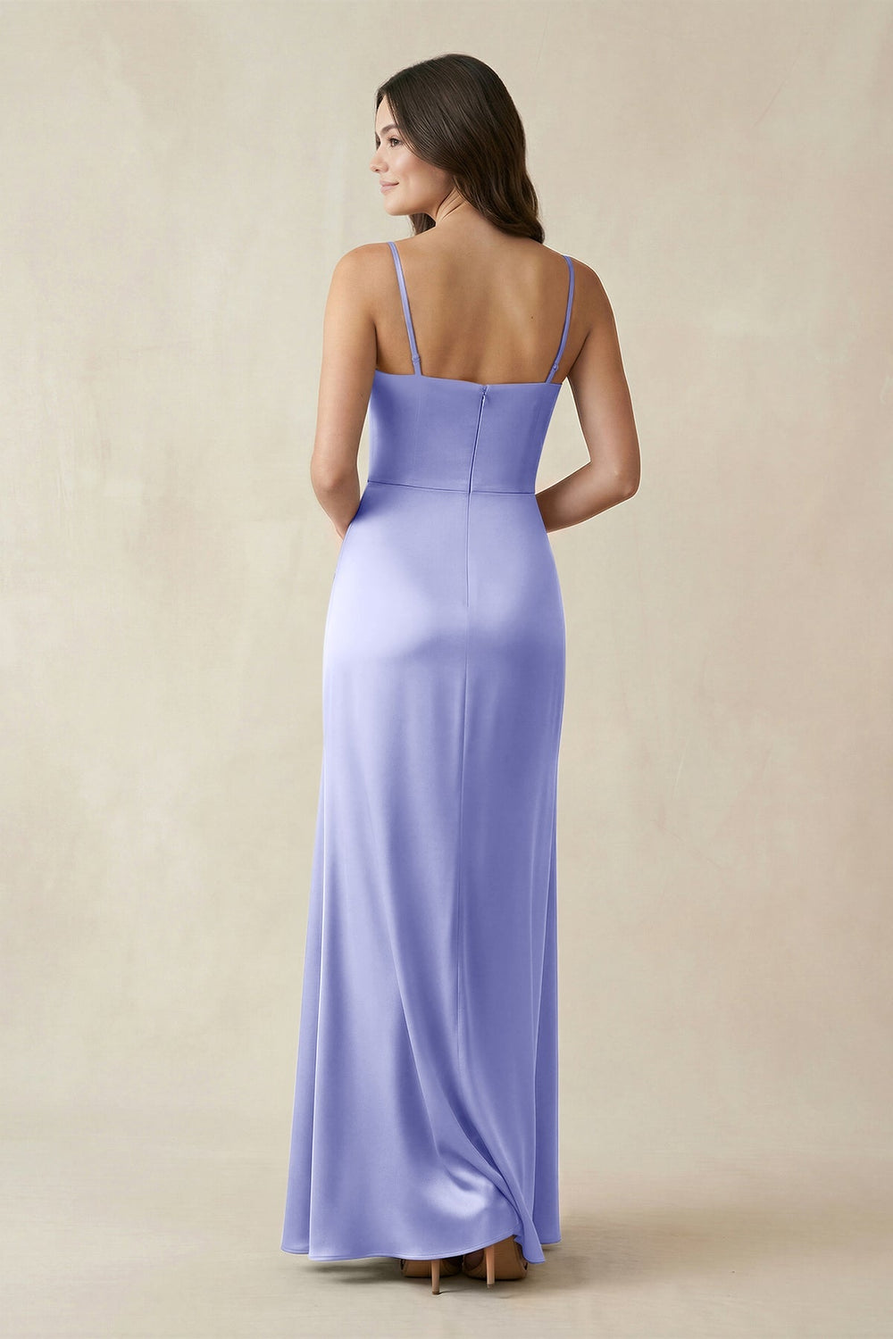Spaghetti Strap Ruched Sheath Satin Bridesmaid Dress in Steel Blue - KISS BRIDAL Bridesmaid Dresses