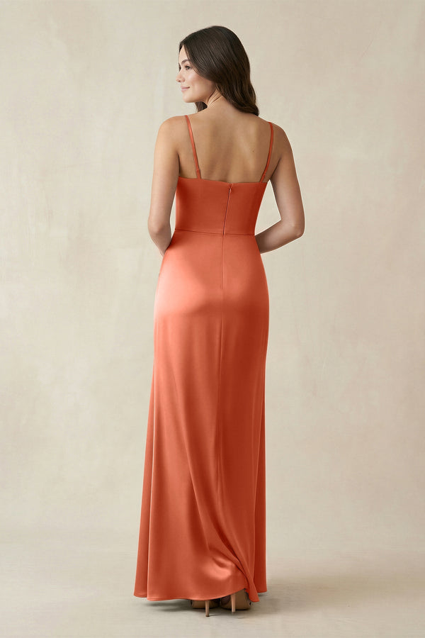 Spaghetti Strap Ruched Sheath Satin Bridesmaid Dress in Terracotta - KISS BRIDAL Bridesmaid Dresses