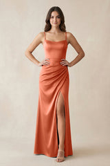 Spaghetti Strap Ruched Sheath Satin Bridesmaid Dress in Terracotta - KISS BRIDAL Bridesmaid Dresses