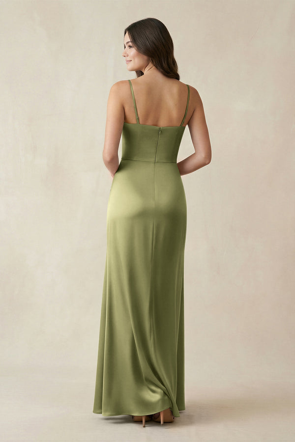 Spaghetti Strap Ruched Sheath Satin Bridesmaid Dress in Thyme - KISS BRIDAL Bridesmaid Dresses