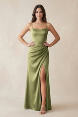 Spaghetti Strap Ruched Sheath Satin Bridesmaid Dress in Thyme - KISS BRIDAL Bridesmaid Dresses