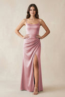 Spaghetti Strap Ruched Sheath Satin Bridesmaid Dress in Toffee - KISS BRIDAL Bridesmaid Dresses