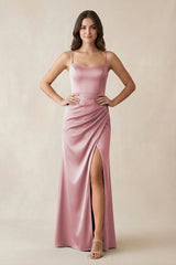 Spaghetti Strap Ruched Sheath Satin Bridesmaid Dress in Toffee - KISS BRIDAL Bridesmaid Dresses