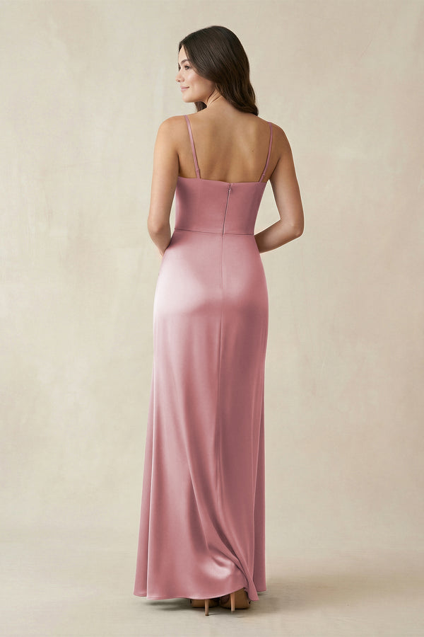 Spaghetti Strap Ruched Sheath Satin Bridesmaid Dress in Toffee - KISS BRIDAL Bridesmaid Dresses