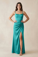 Spaghetti Strap Ruched Sheath Satin Bridesmaid Dress in Turquoise - KISS BRIDAL Bridesmaid Dresses