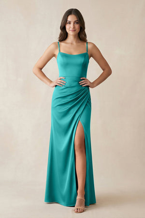 Spaghetti Strap Ruched Sheath Satin Bridesmaid Dress in Turquoise - KISS BRIDAL Bridesmaid Dresses
