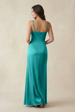 Spaghetti Strap Ruched Sheath Satin Bridesmaid Dress in Turquoise - KISS BRIDAL Bridesmaid Dresses