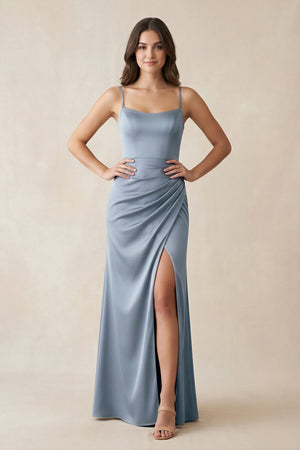 Spaghetti Strap Ruched Sheath Satin Bridesmaid Dress in Twilight - SHE IS ME Bridesmaid Dresses