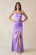 Spaghetti Strap Ruched Sheath Satin Bridesmaid Dress in Vintage Mauve - KISS BRIDAL Bridesmaid Dresses