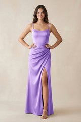 Spaghetti Strap Ruched Sheath Satin Bridesmaid Dress in Vintage Mauve - KISS BRIDAL Bridesmaid Dresses