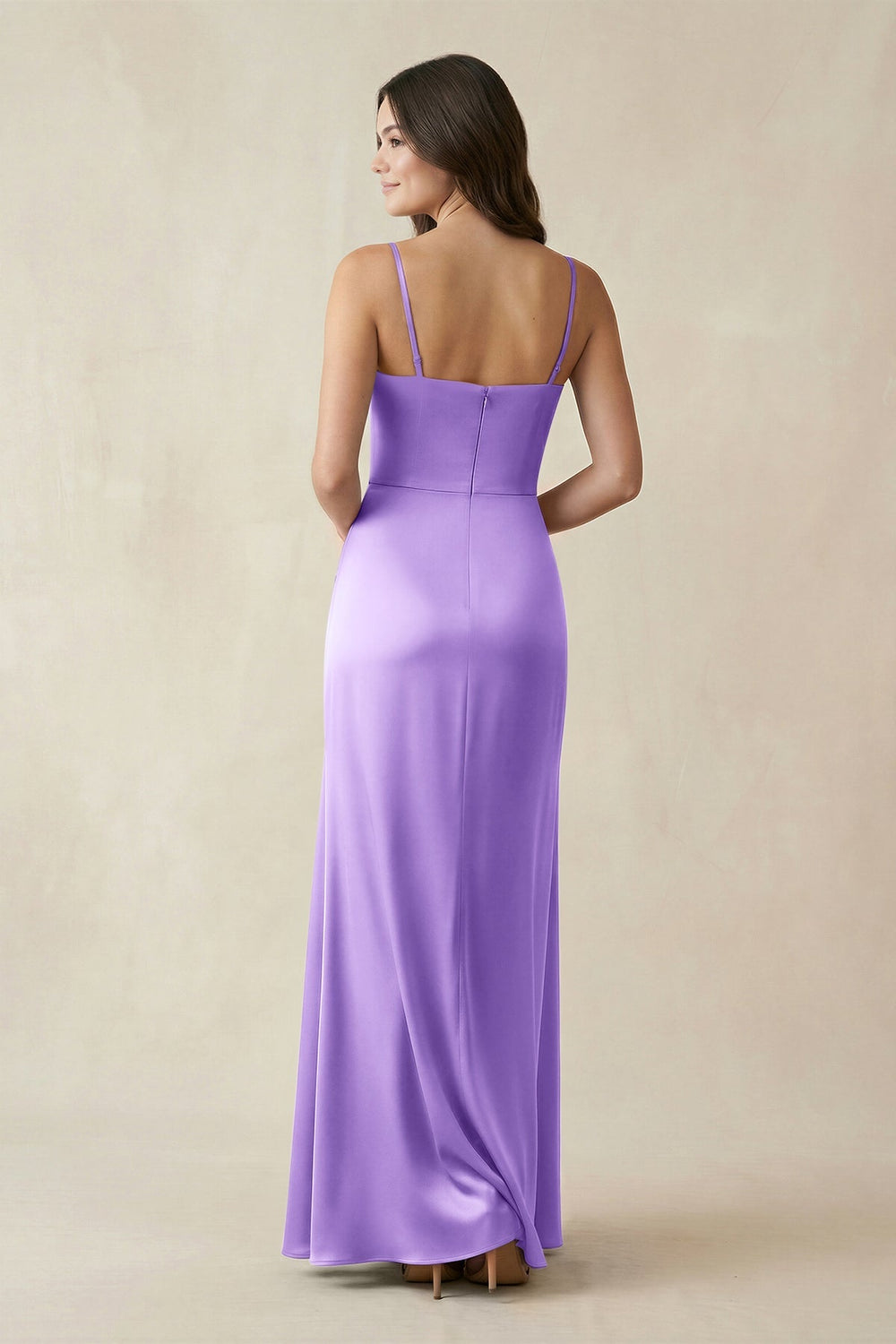Spaghetti Strap Ruched Sheath Satin Bridesmaid Dress in Vintage Mauve - KISS BRIDAL Bridesmaid Dresses