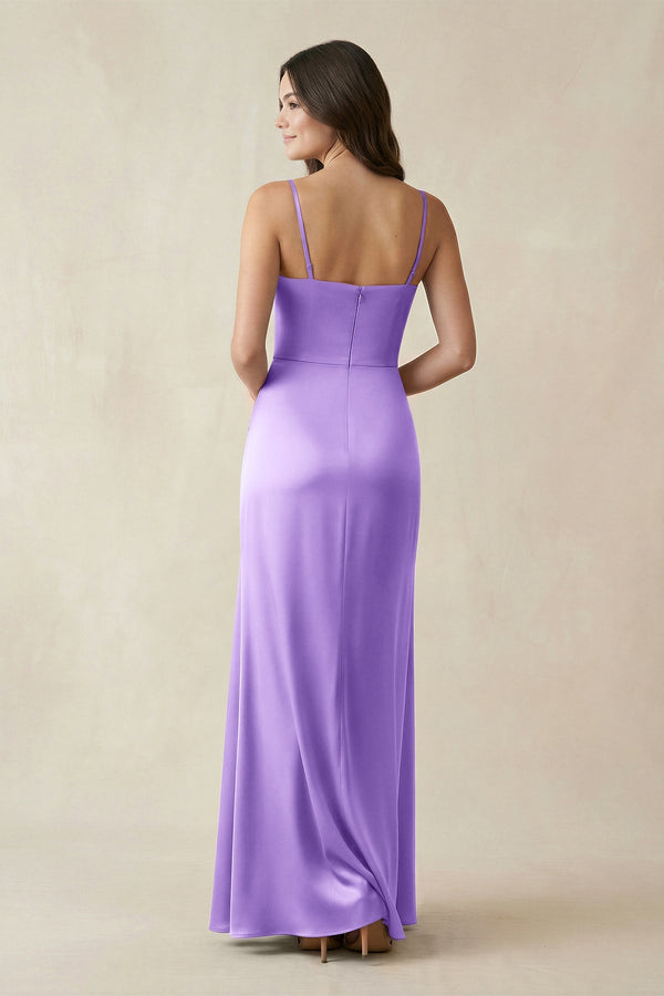 Spaghetti Strap Ruched Sheath Satin Bridesmaid Dress in Vintage Mauve - KISS BRIDAL Bridesmaid Dresses