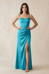 Spaghetti Strap Ruched Sheath Satin Bridesmaid Dress in Viridian Green - KISS BRIDAL Bridesmaid Dresses