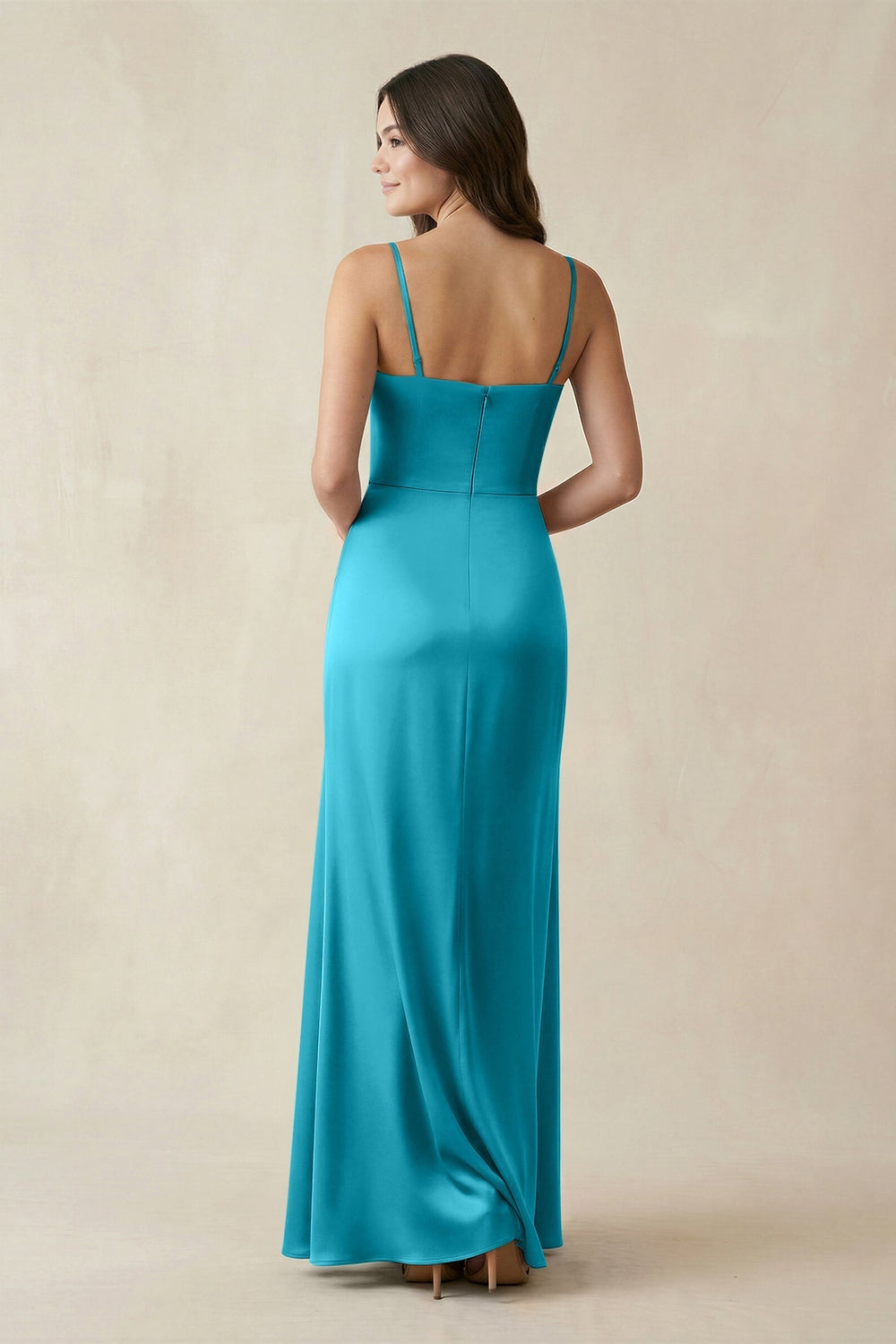 Spaghetti Strap Ruched Sheath Satin Bridesmaid Dress in Viridian Green - KISS BRIDAL Bridesmaid Dresses