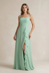 Spaghetti Strap Ruffled A-Line Chiffon Bridesmaid Dress in Pale Pistachio - KISS BRIDAL BRIDESMAID DRESSES