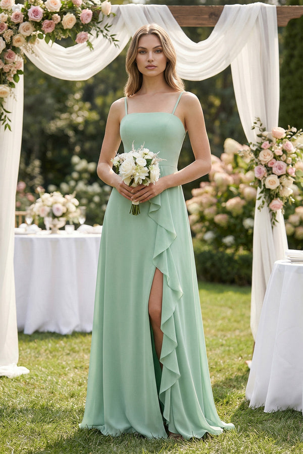 Spaghetti Strap Ruffled A-Line Chiffon Bridesmaid Dress in Pale Pistachio - SHE IS ME BRIDESMAID DRESSES