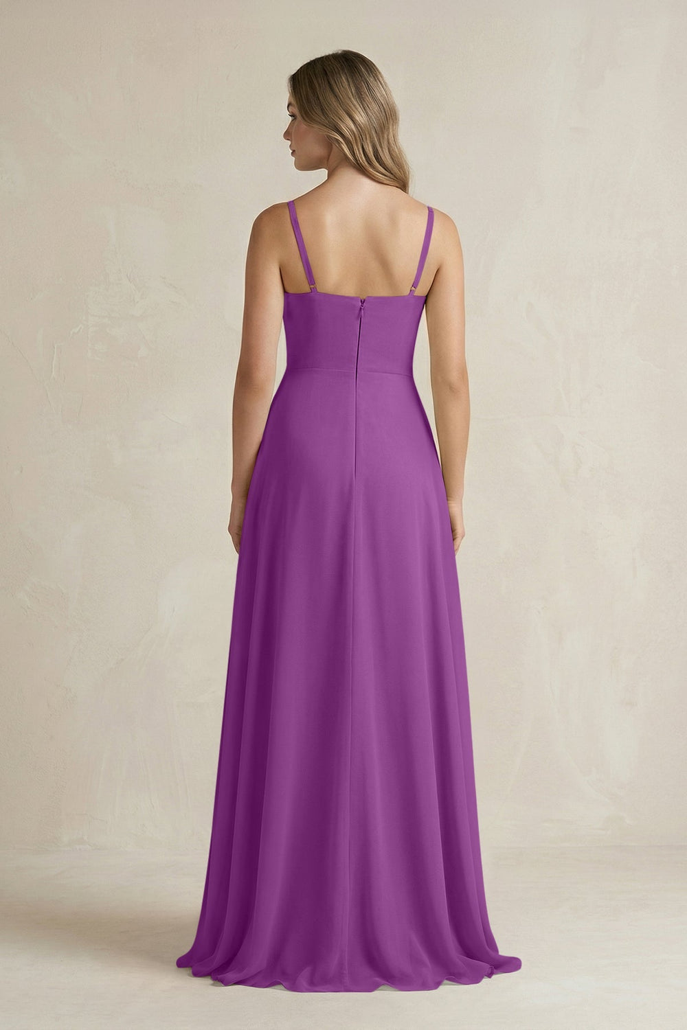 Spaghetti Strap Ruffled A - Line Chiffon Bridesmaid Dress in Amethyst - KISS BRIDAL Bridesmaid Dresses