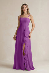 Spaghetti Strap Ruffled A - Line Chiffon Bridesmaid Dress in Amethyst - KISS BRIDAL Bridesmaid Dresses