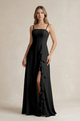 Spaghetti Strap Ruffled A - Line Chiffon Bridesmaid Dress in Black - KISS BRIDAL Bridesmaid Dresses